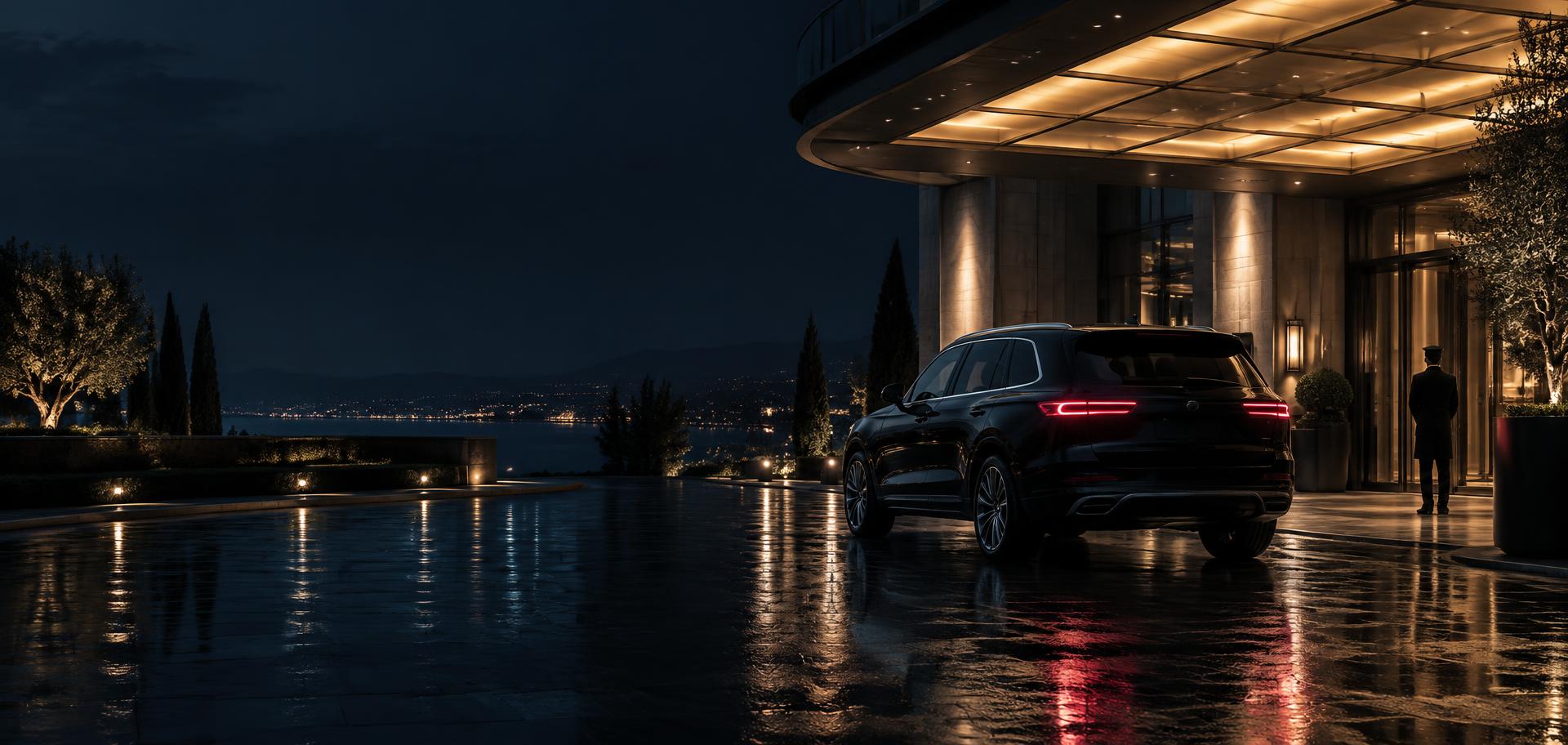 Premium hotel arrival environment at night